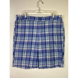 St John Bay Shorts‎ Bermuda 14 Women stretch Plaid Blue High rise Golf Beach Mod